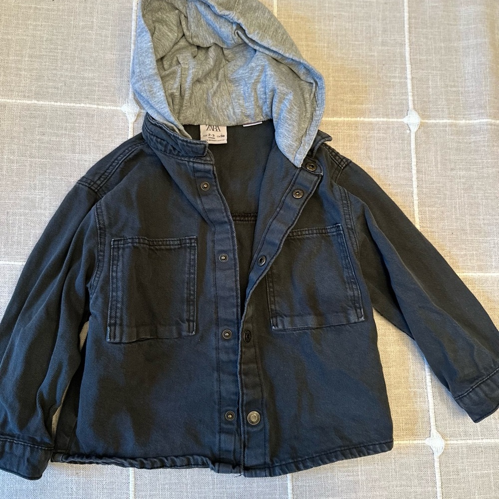 Zara Kids Black Jean Jacket with Gray Hood
